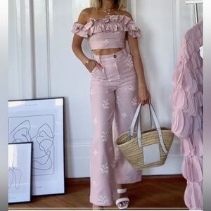 Zara Pink Embroidered Linen Blend 2pc Pant set